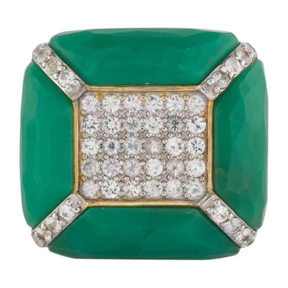 KARA ROSS Chrysoprase Sapphire Large Sterling Silver Gold Plated Ring Sz. 7-7.25 - Picture 2 of 4